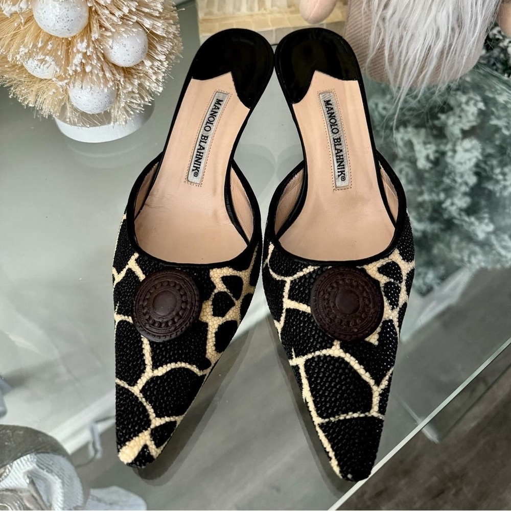 Manolo Blahnik Black&Cream Heeled Mules with Brown Medallions